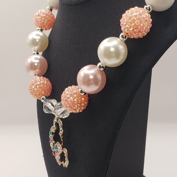 Adorable Pink Shades Bubblegum Beaded w/Gold Tone Colorful Rhinestone Necklace - Picture 8 of 13